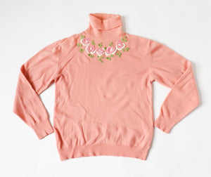1960s Embroidered Sweater / Jumper - Peach Wool Blend - S / M  - UK 10 / 12