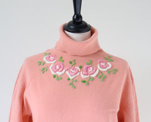 1960s Embroidered Sweater / Jumper - Peach Wool Blend - S / M  - UK 10 / 12