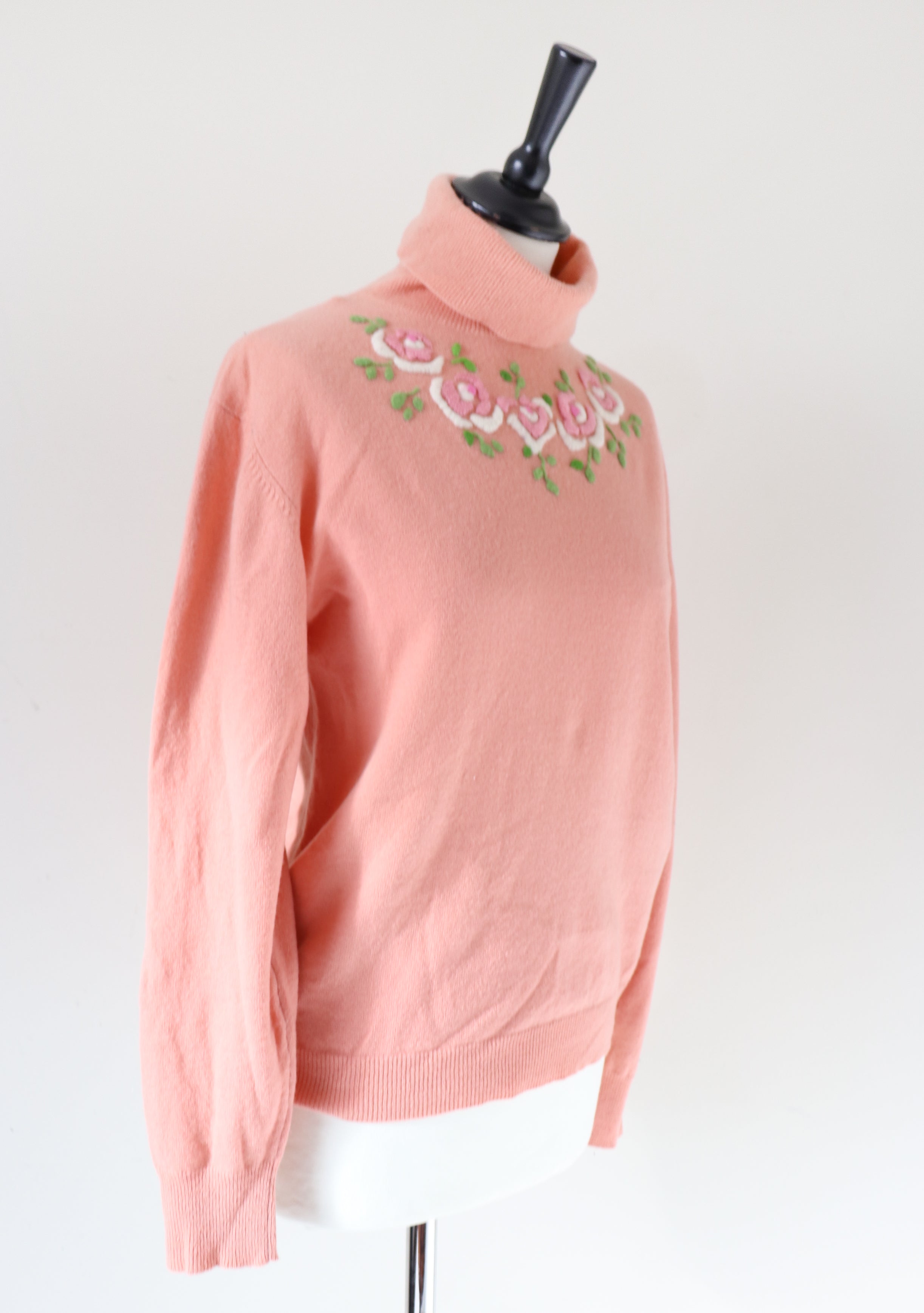 1960s Embroidered Sweater / Jumper - Peach Wool Blend - S / M  - UK 10 / 12