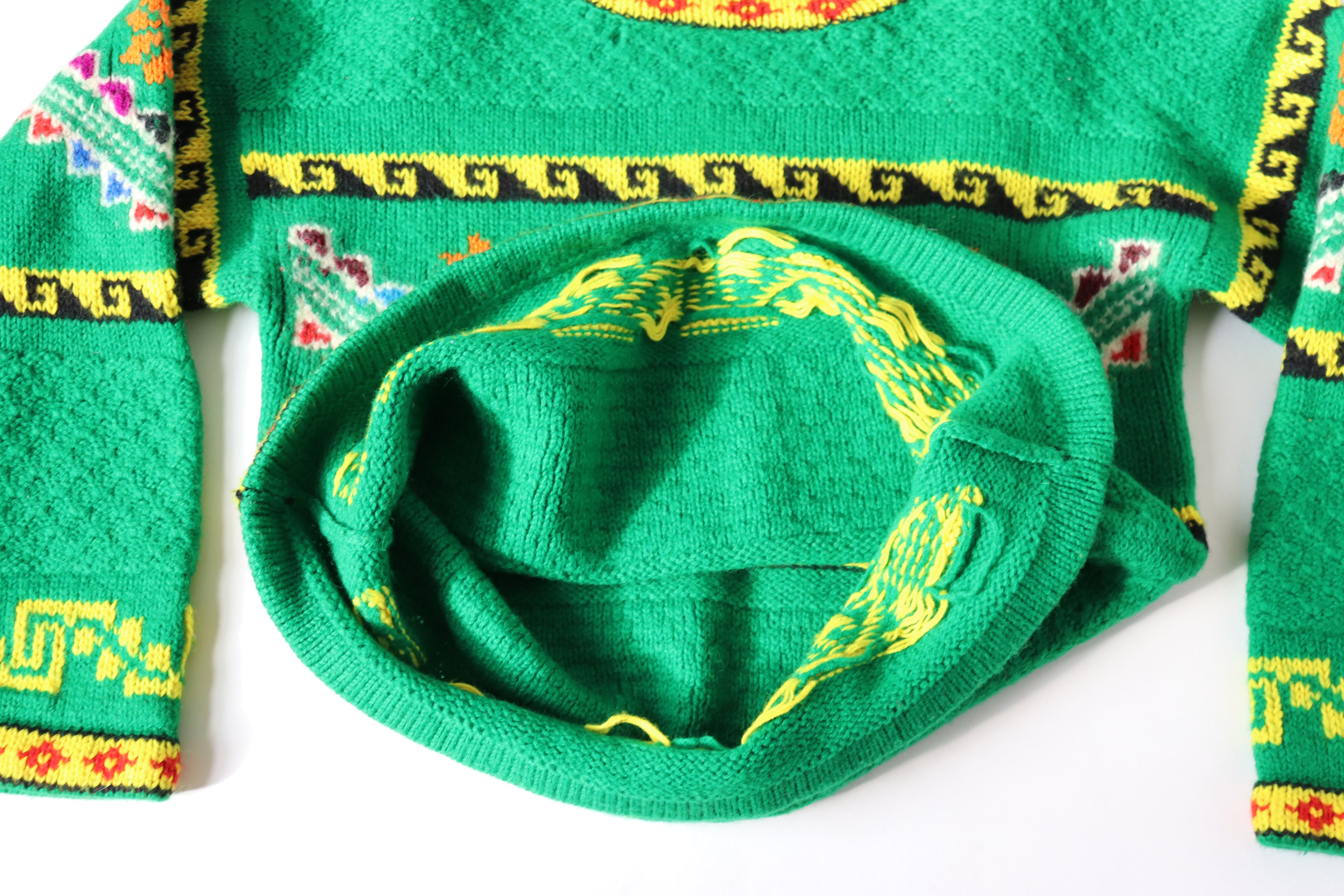 Peruvian Hand Made Patterned Jumper Green / Yellow Wool  - M / UK 12