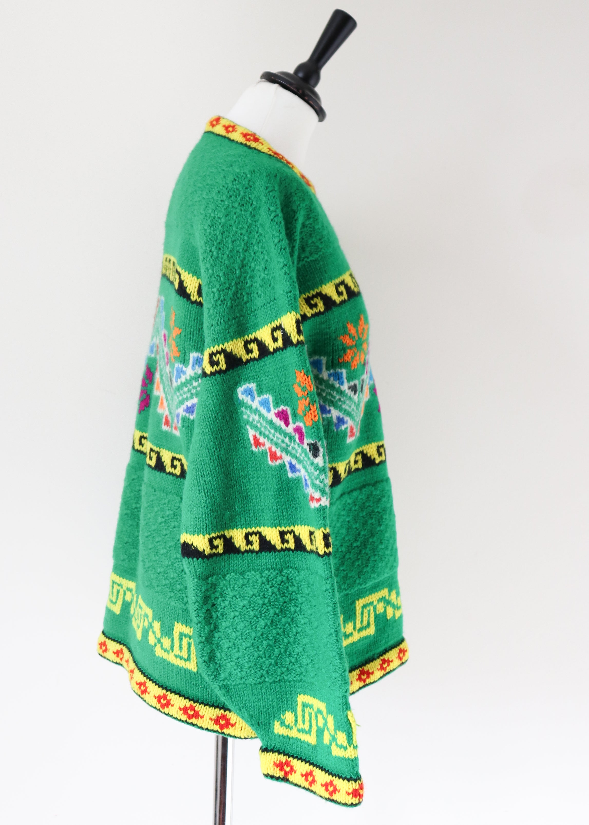 Peruvian Hand Made Patterned Jumper Green / Yellow Wool  - M / UK 12