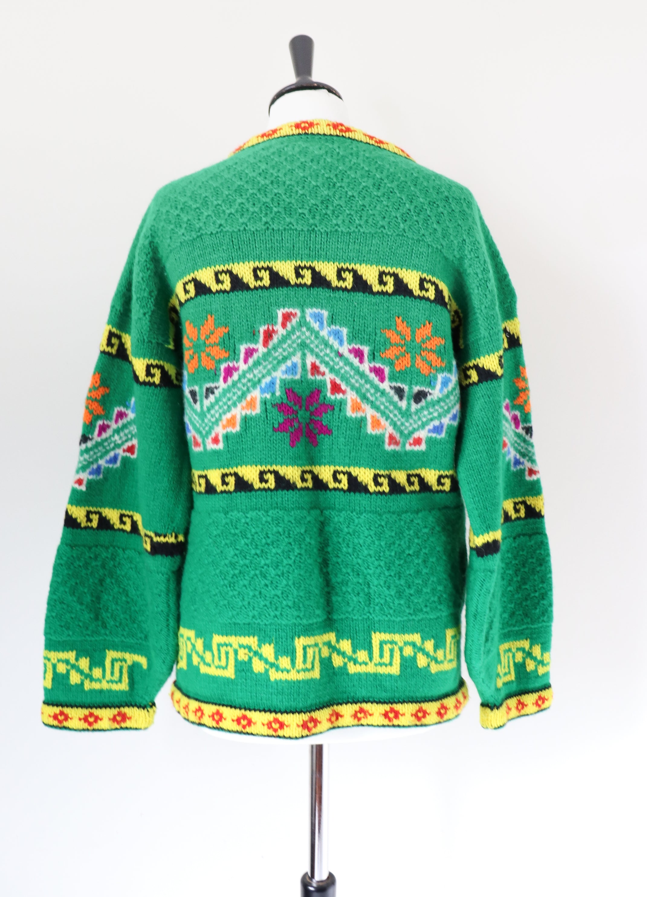 Peruvian Hand Made Patterned Jumper Green / Yellow Wool  - M / UK 12