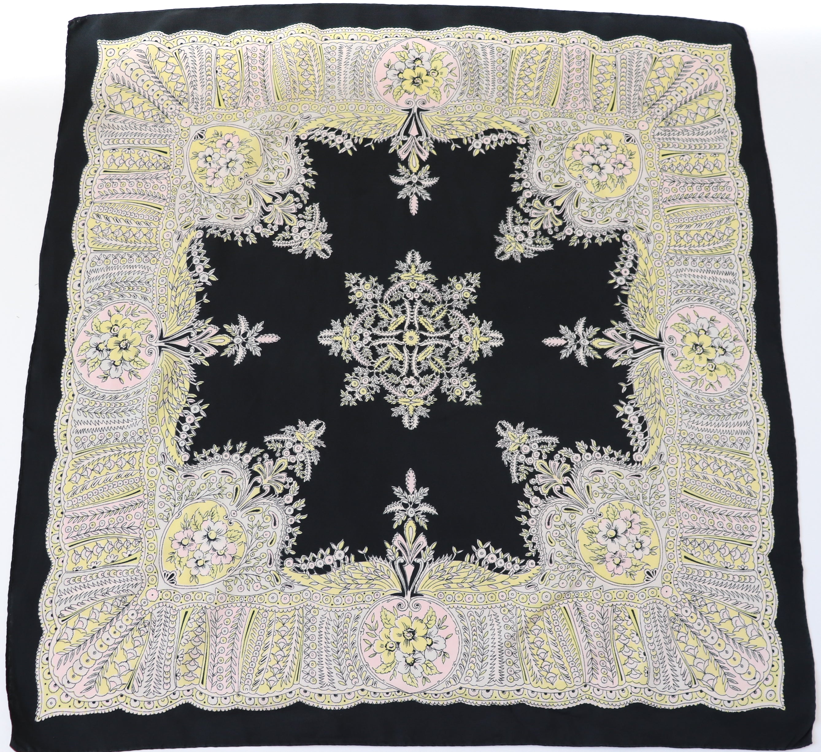 1940s Paisley Silk Scarf - Black / Yellow / Pink - True Vintage