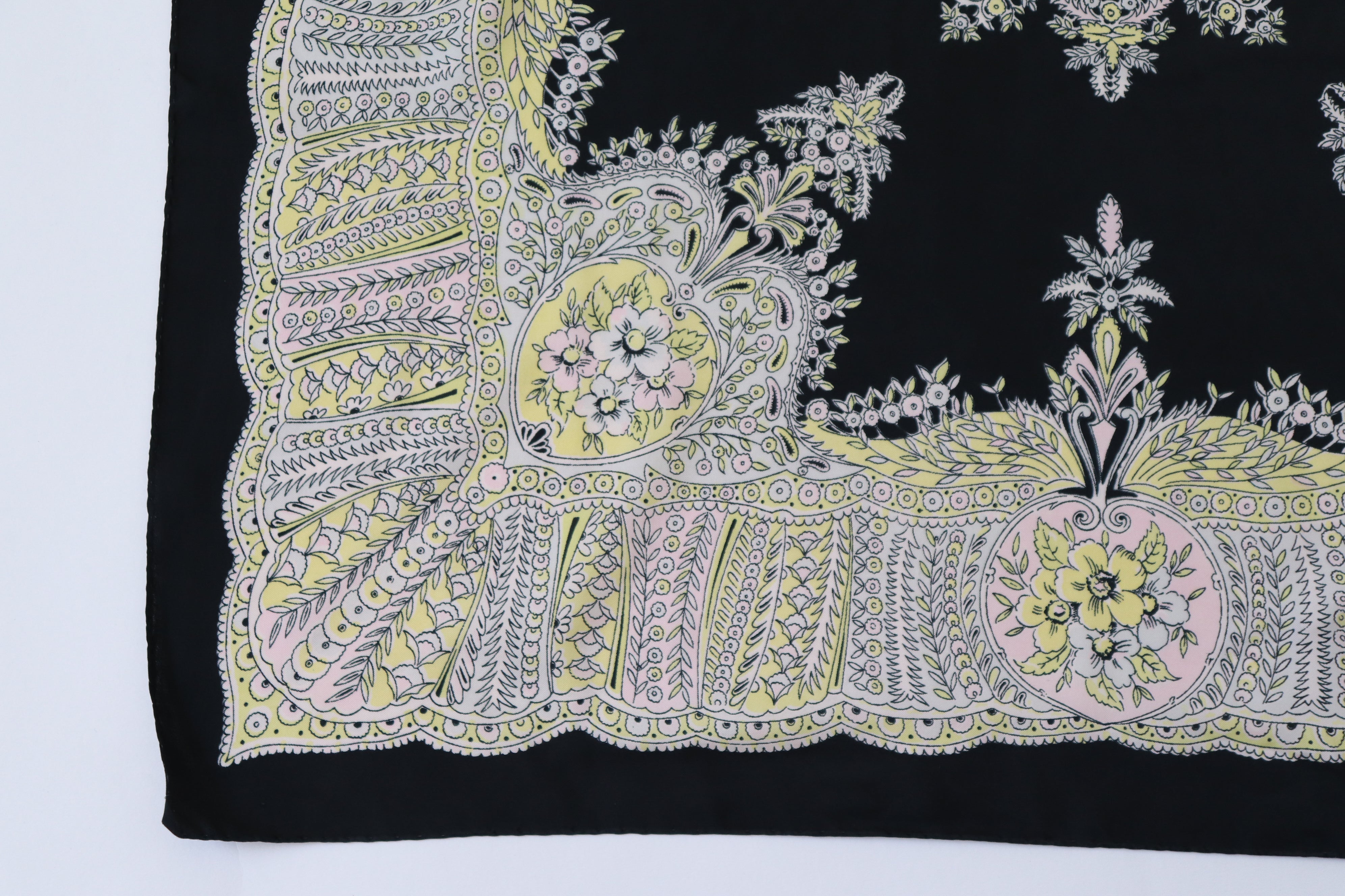 1940s Paisley Silk Scarf - Black / Yellow / Pink - True Vintage