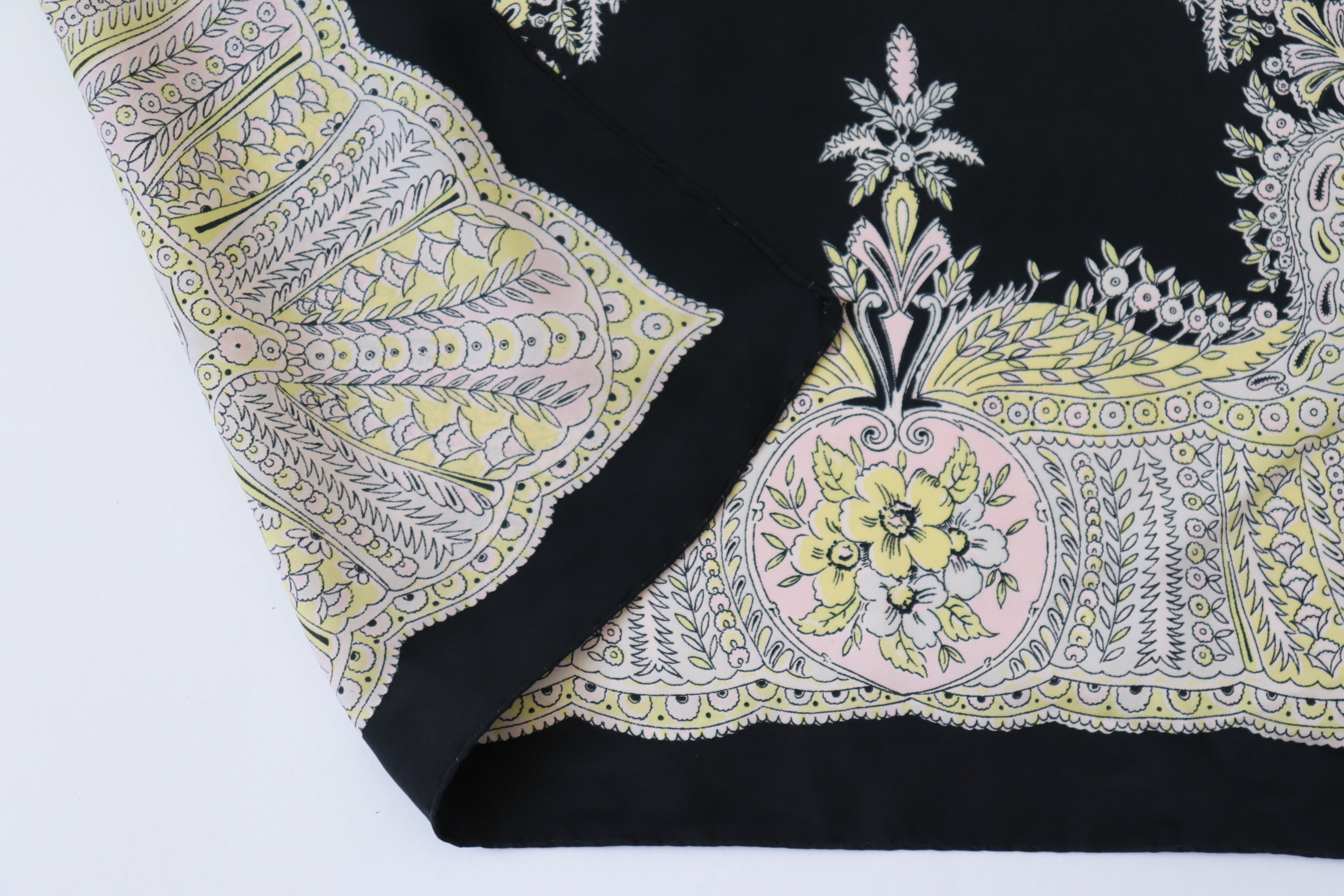1940s Paisley Silk Scarf - Black / Yellow / Pink - True Vintage