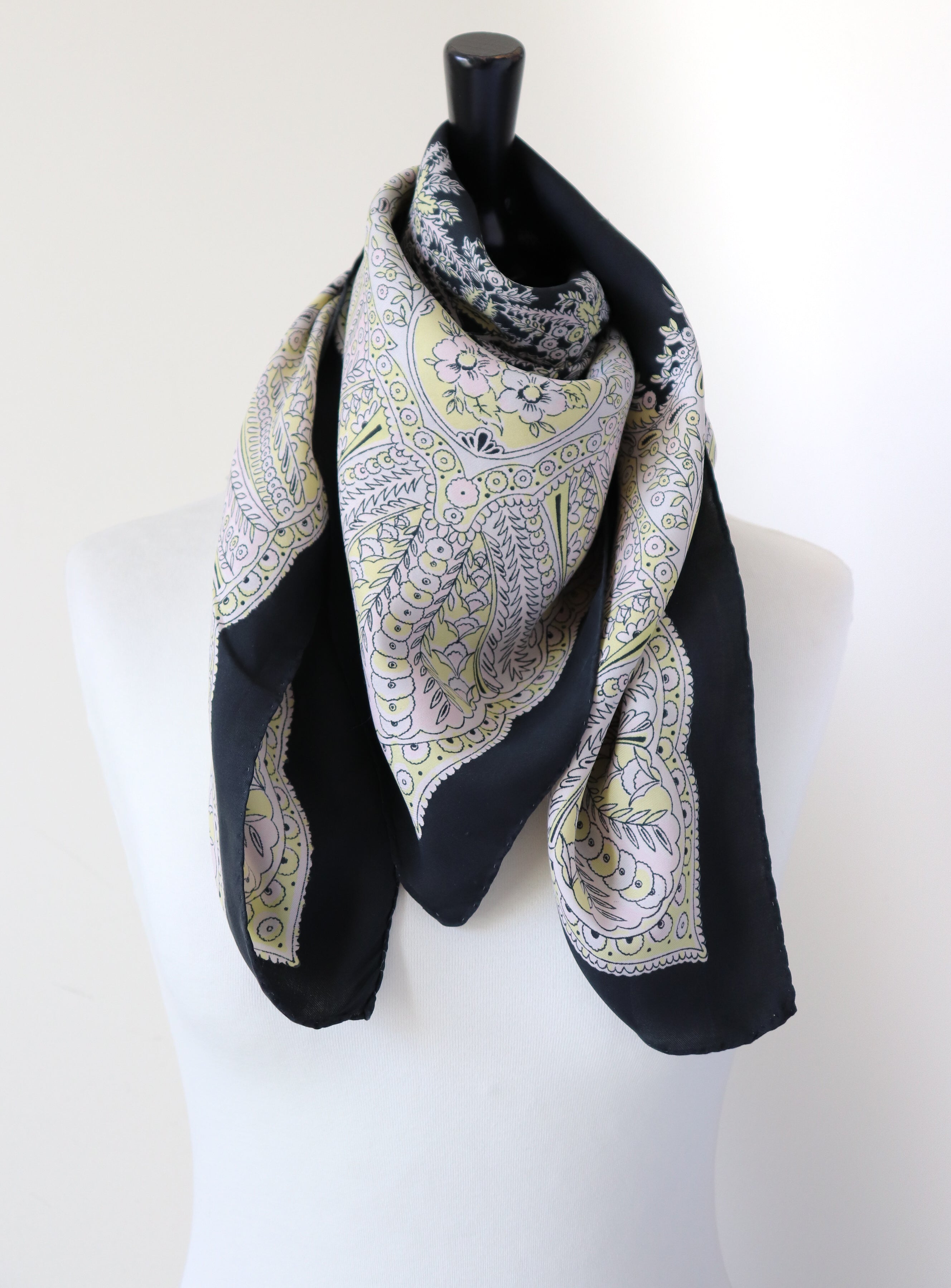 1940s Paisley Silk Scarf - Black / Yellow / Pink - True Vintage
