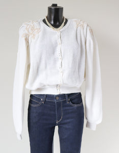 Vintage 1980s White Beaded Cardigan / 1930s Style - M / UK 12