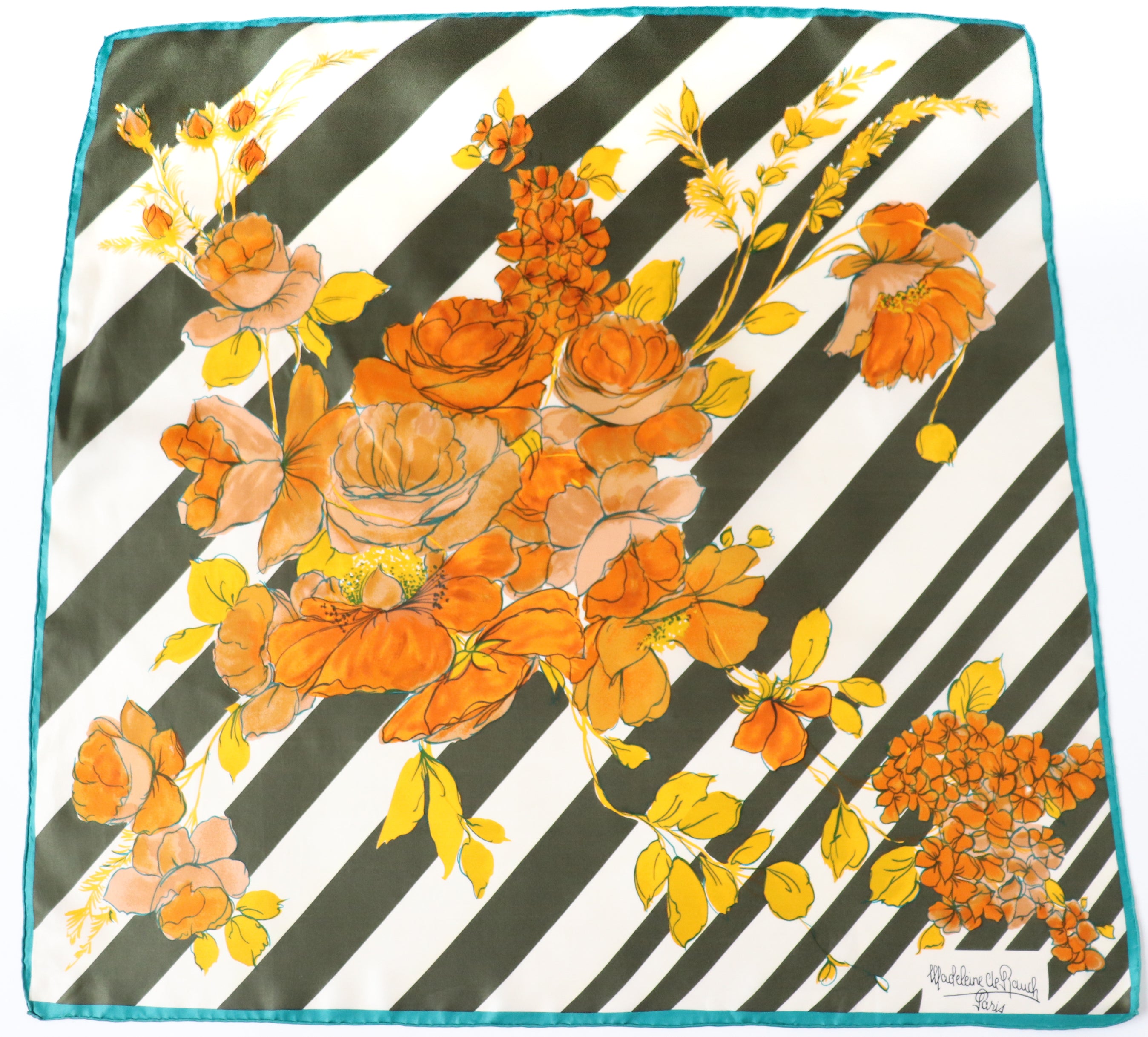 Madeleine de Rauch Silk Scarf - 1960s  Vintage - Floral  / Striped