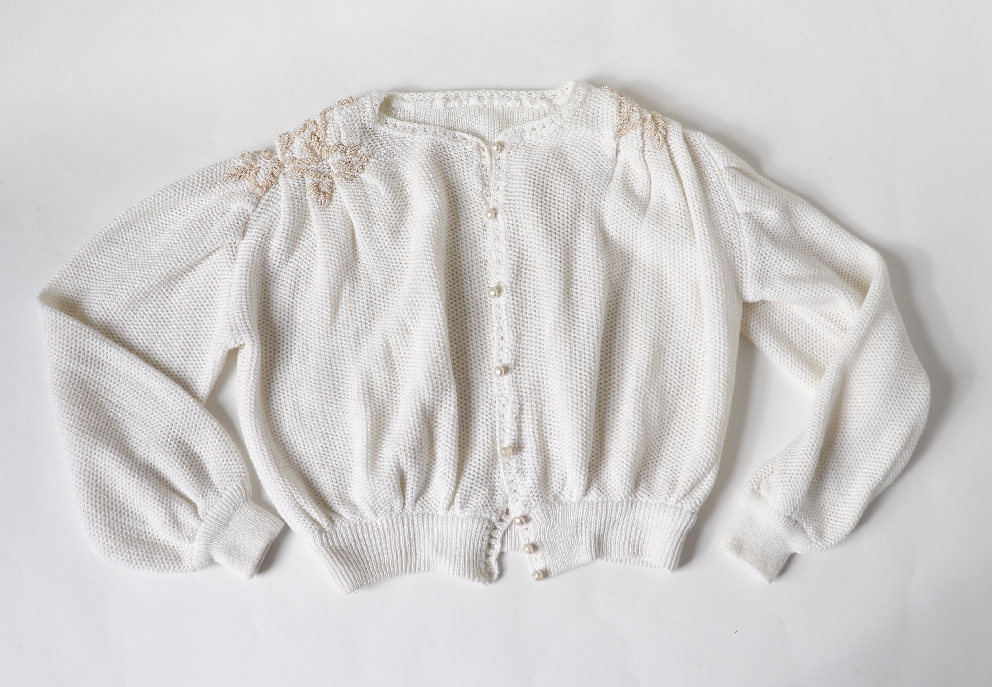 Vintage 1980s White Beaded Cardigan / 1930s Style - M / UK 12