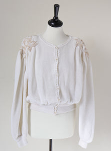 Vintage 1980s White Beaded Cardigan / 1930s Style - M / UK 12