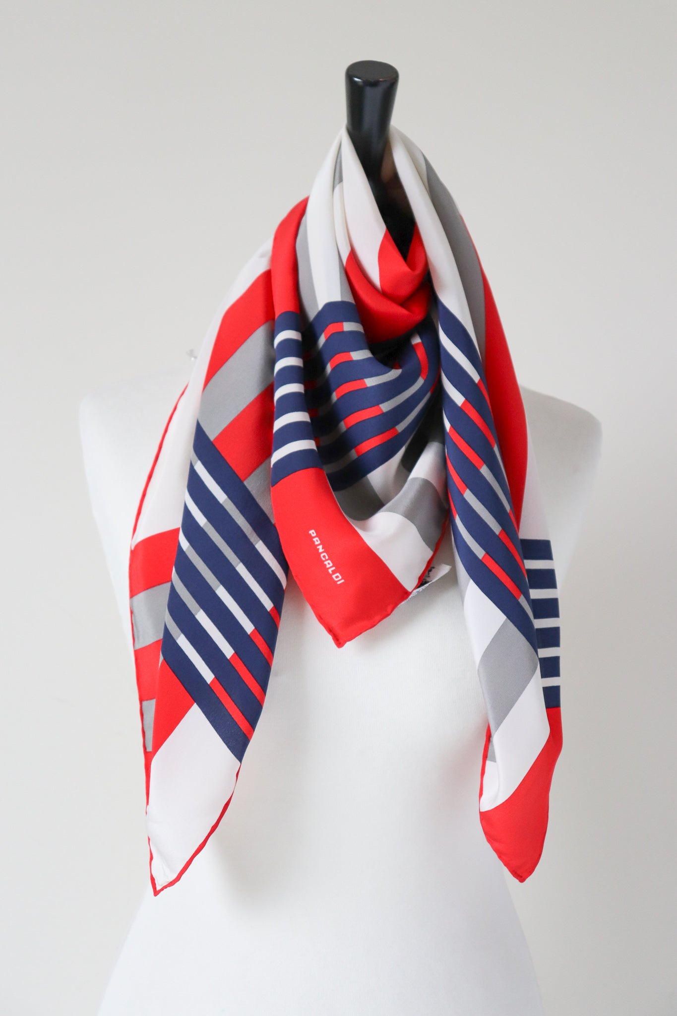 PANCALDI Silk Scarf  - Red / Blue / Ivory - Checked / Striped  -  LARGE
