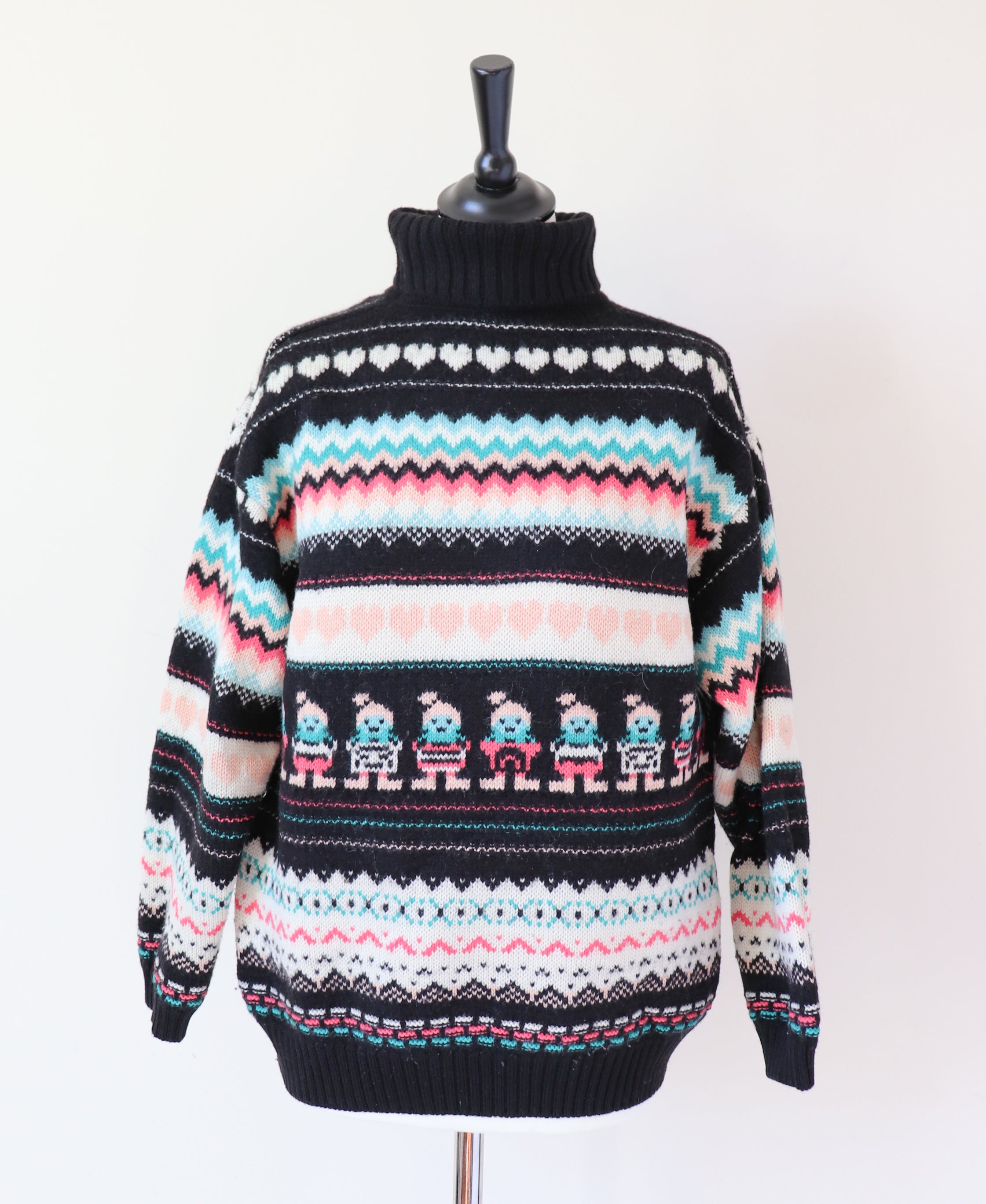 Fair Isle Paper Dolls Jumper - Wool - Black / Pink - S / M - UK 10 / 12