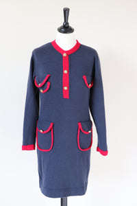 Knitted Wool Bodycon Dress - Blue / Red -  Long Sleeve - S /  UK 10