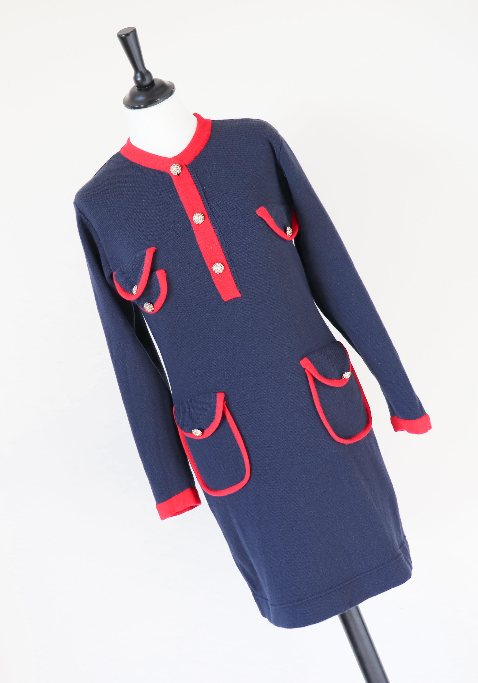 Knitted Wool Bodycon Dress - Blue / Red -  Long Sleeve - S /  UK 10