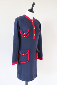 Knitted Wool Bodycon Dress - Blue / Red - Long Sleeve - S / UK 10