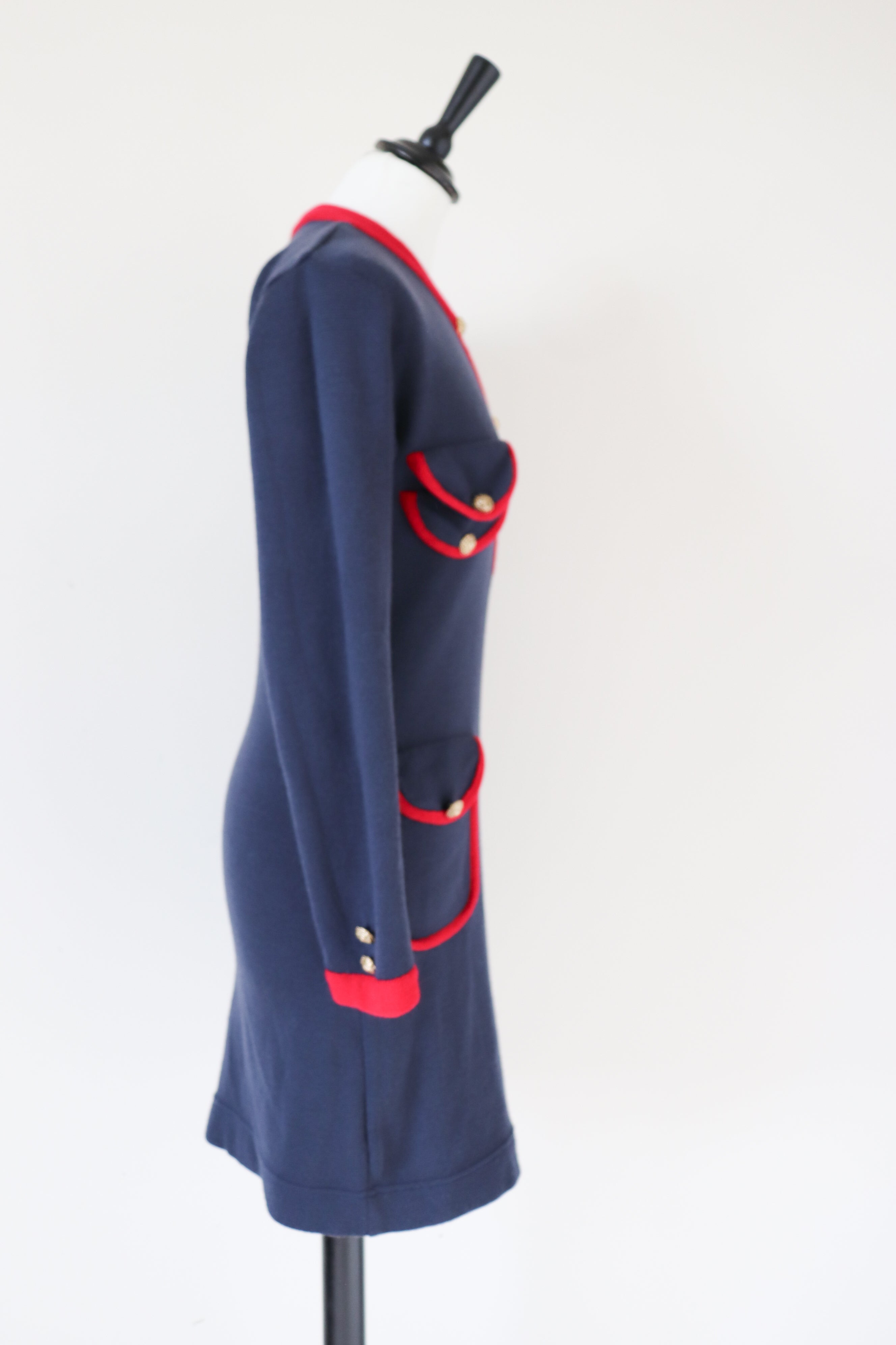 Knitted Wool Bodycon Dress - Blue / Red - Long Sleeve - S / UK 10