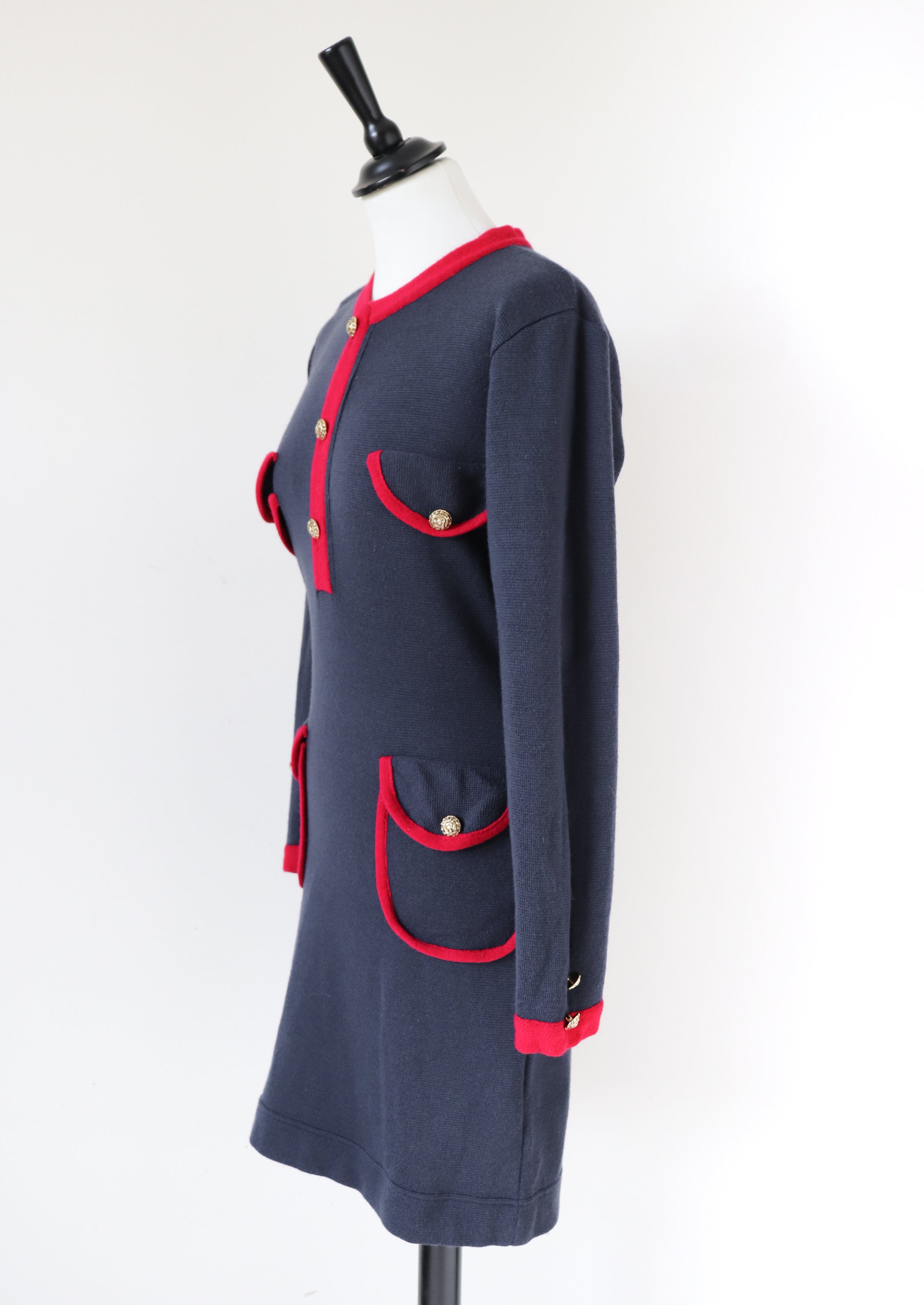 Knitted Wool Bodycon Dress - Blue / Red - Long Sleeve - S / UK 10