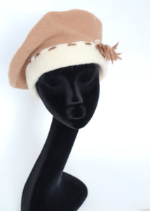 Vintage Wool Crown Beret - Camel Brown / Cream  -  S / M