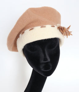 Vintage Wool Crown Beret - Camel Brown / Cream  -  S / M