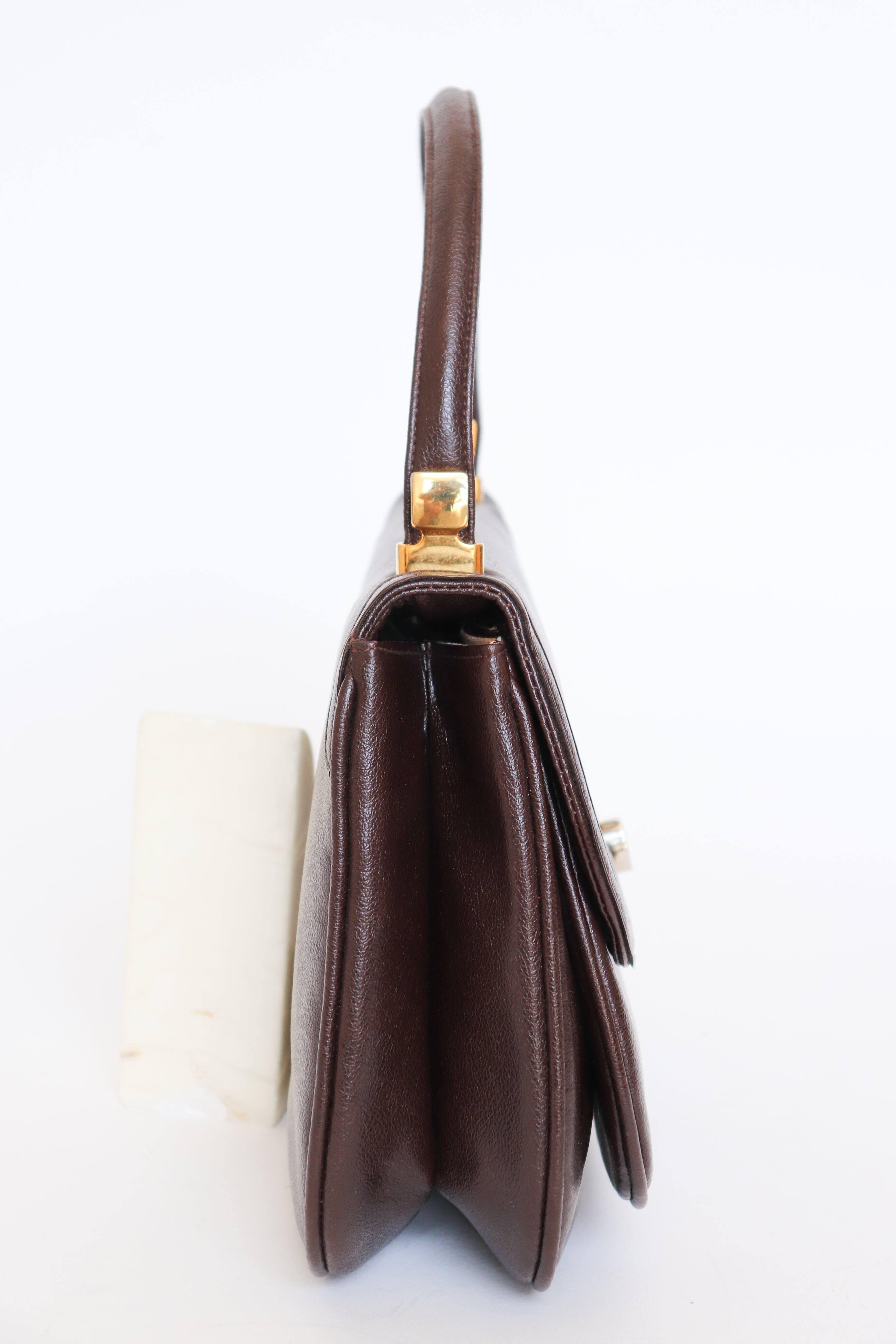 Top Handle Bag - Vintage 1960s / 1970s - Brown Faux Leather - Medium