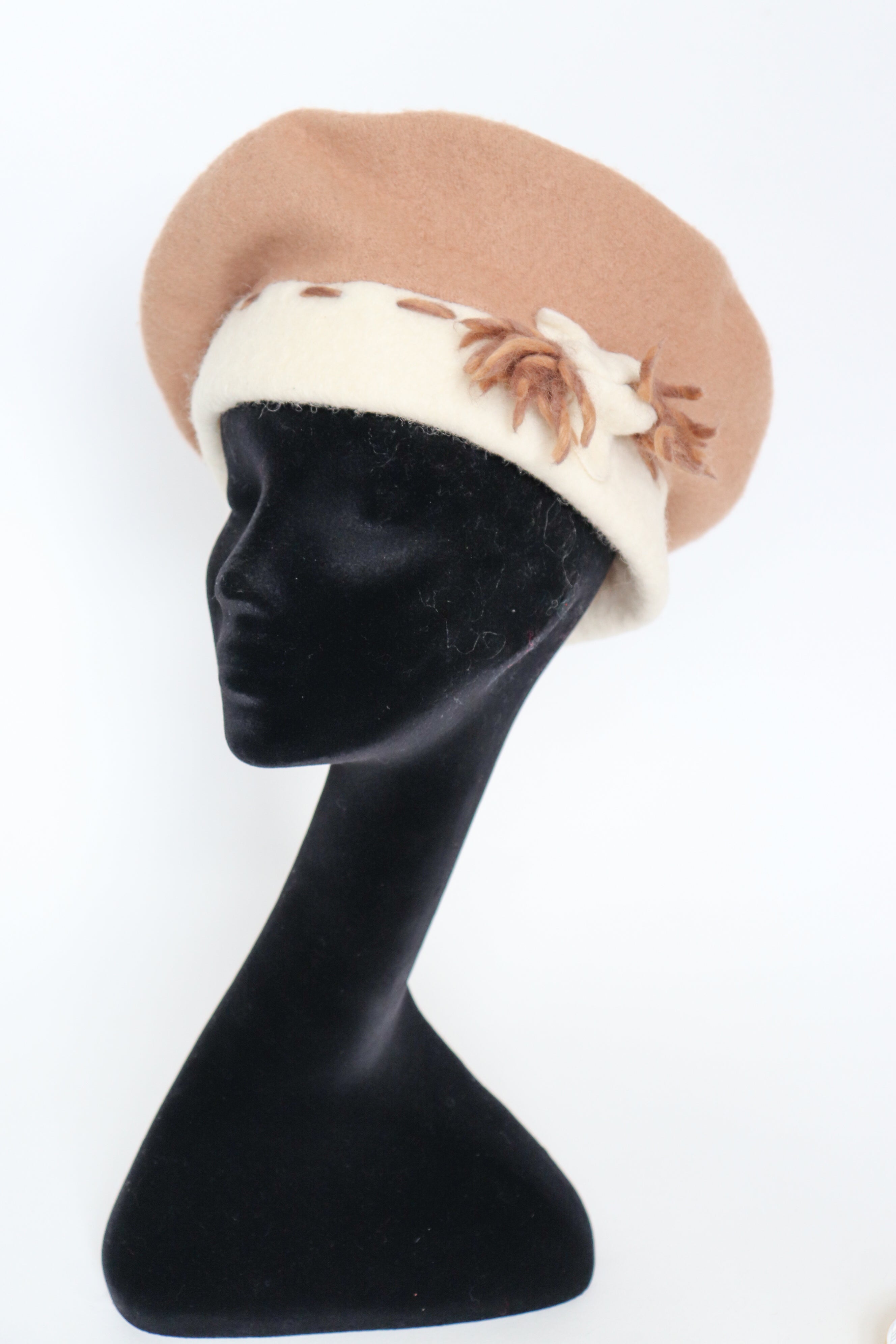 Vintage Wool Crown Beret - Camel Brown / Cream  -  S / M