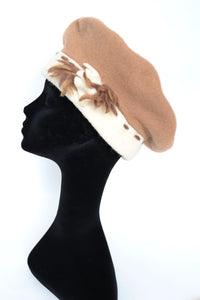 Vintage Wool Crown Beret - Camel Brown / Cream  -  S / M