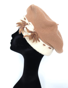 Vintage Wool Crown Beret - Camel Brown / Cream  -  S / M