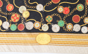 Basile Vintage Silk Scarf - Baroque Pocket Watch Print - Black / Beige / Gold - Large