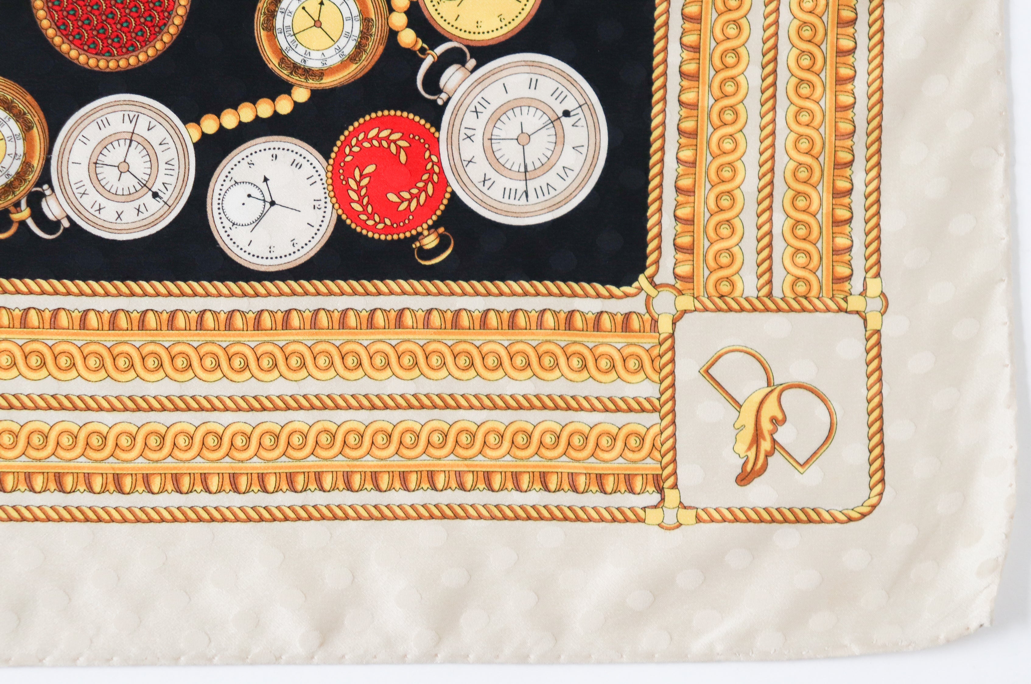 Basile Vintage Silk Scarf - Baroque Pocket Watch Print - Black / Beige / Gold - Large