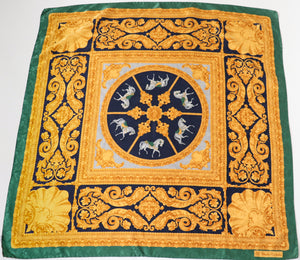 Renato Balestra Baroque Silk Scarf - Horses / Baroque- Gold / Green / Blue - LARGE