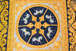 Renato Balestra Baroque Silk Scarf - Horses / Baroque- Gold / Green / Blue - LARGE
