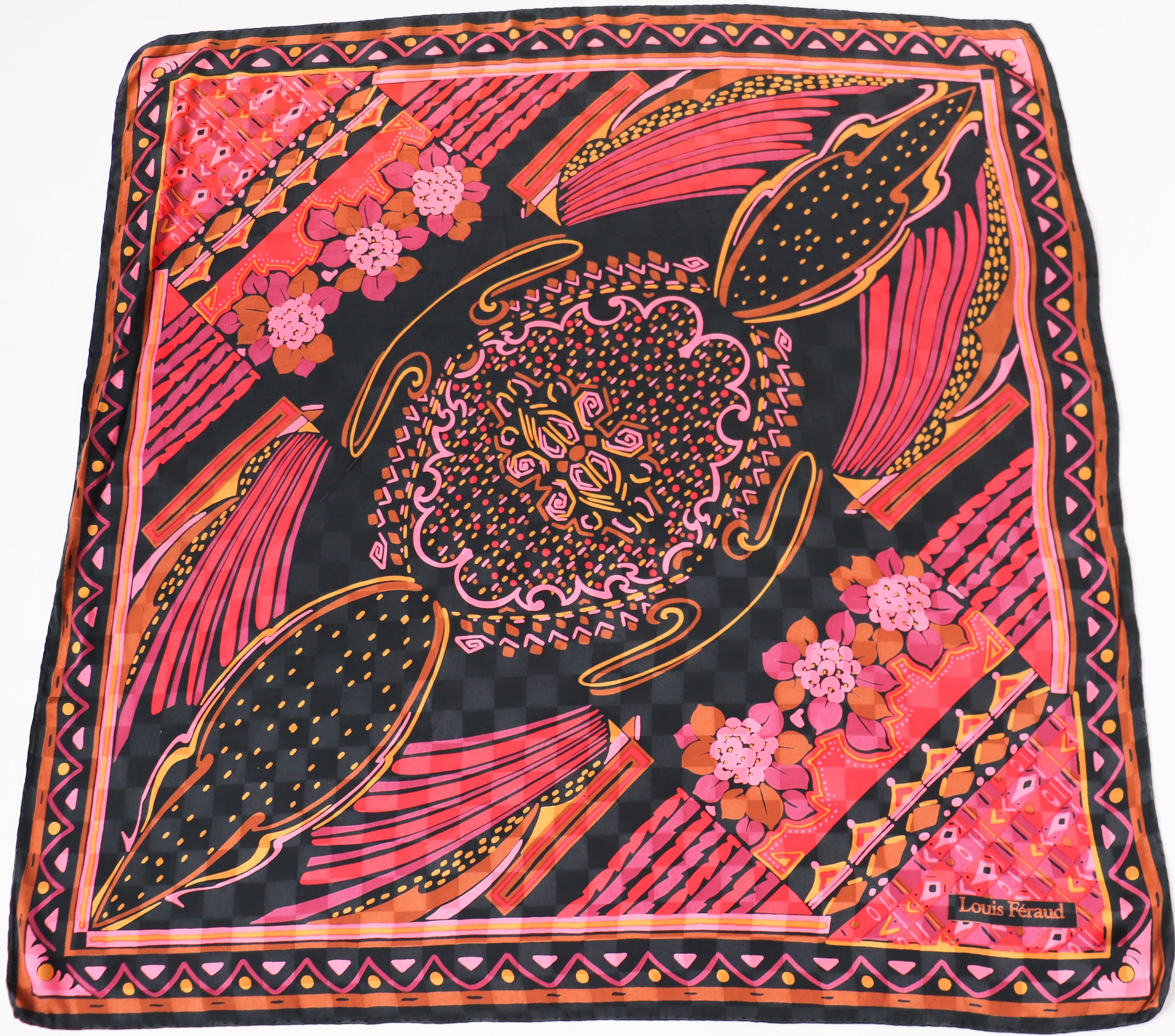 Louis Feraud Vintage Silk Scarf - Black / Pink  - 1980s pattern -  LARGE