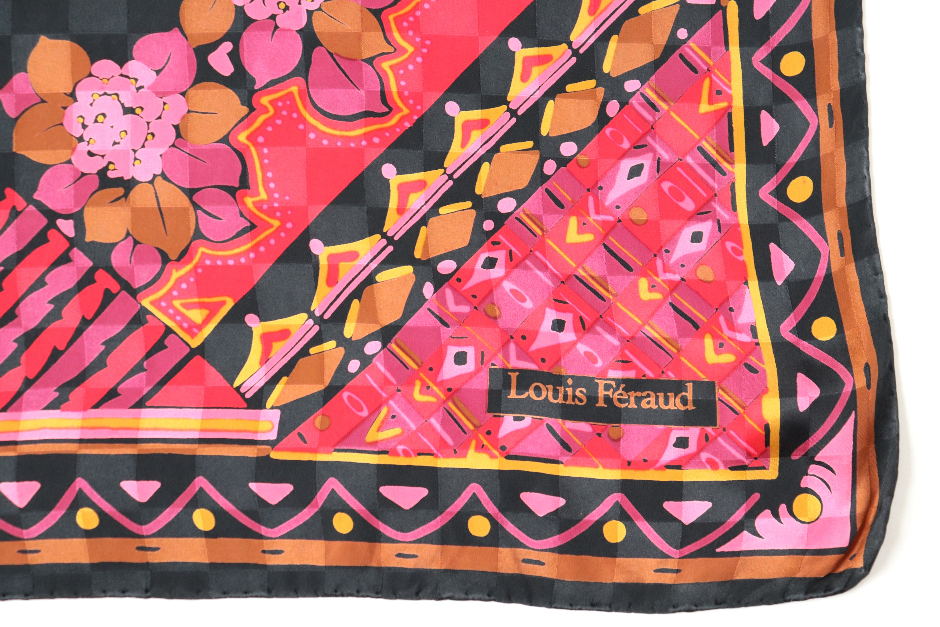 Louis Feraud Vintage Silk Scarf - Black / Pink  - 1980s pattern -  LARGE