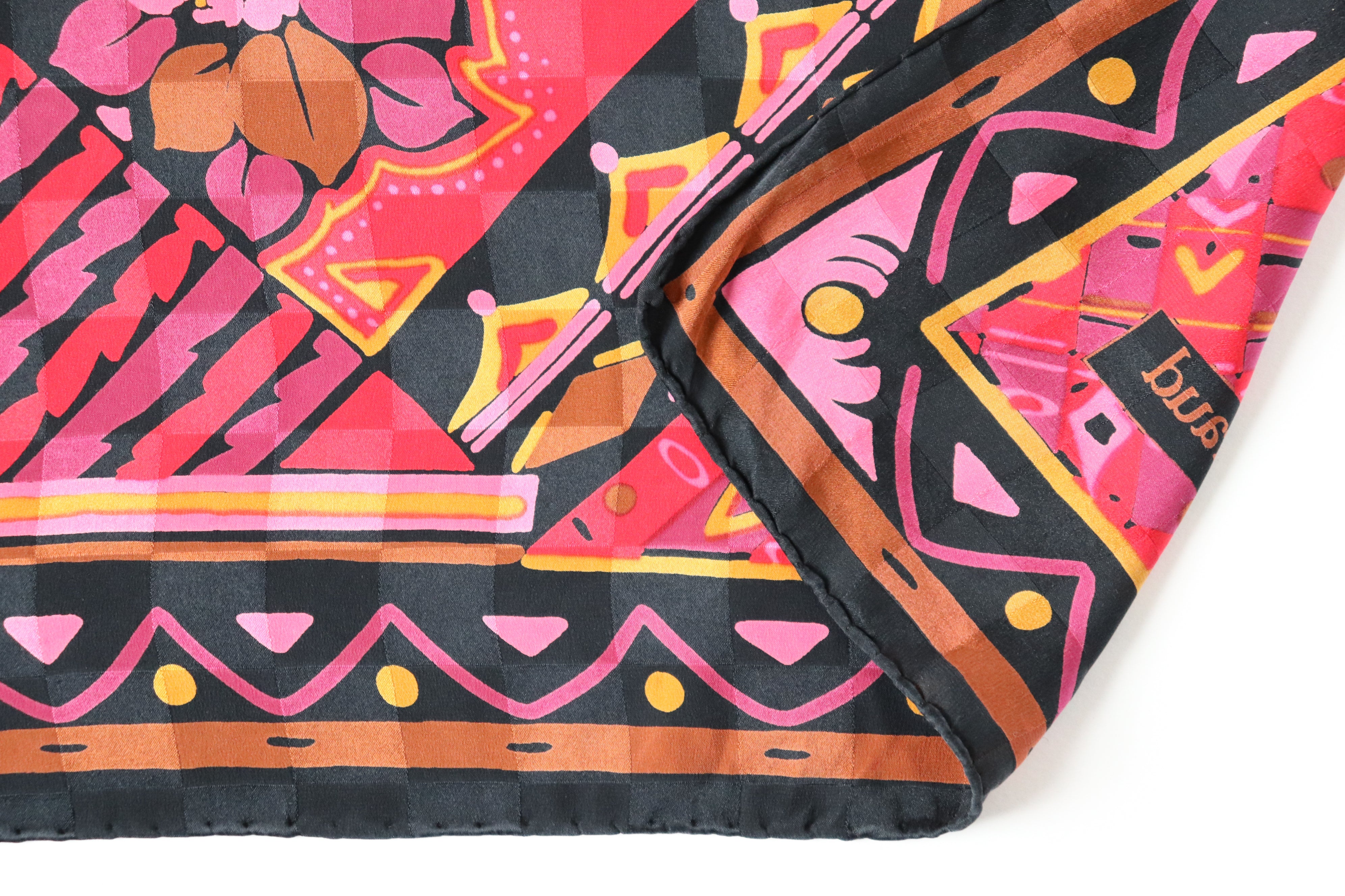 Louis Feraud Vintage Silk Scarf - Black / Pink - 1980s pattern - LARGE