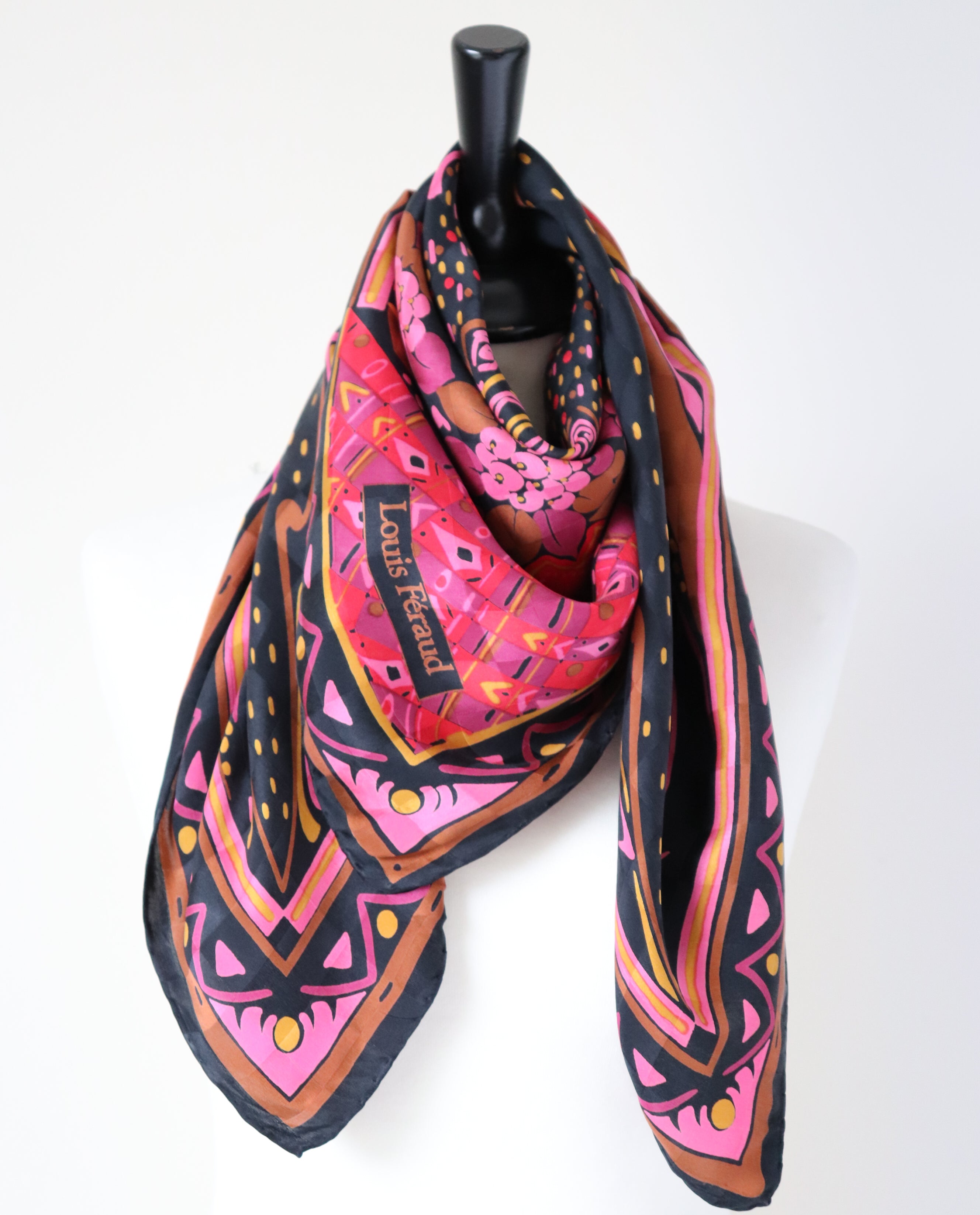 Louis Feraud Vintage Silk Scarf - Black / Pink - 1980s pattern - LARGE