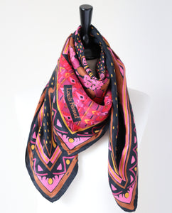 Louis Feraud Vintage Silk Scarf - Black / Pink - 1980s pattern - LARGE