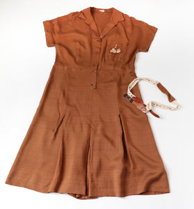 Vintage 1950s / 1970s Day Dress - Shirt Waister - Brown - M / UK 12