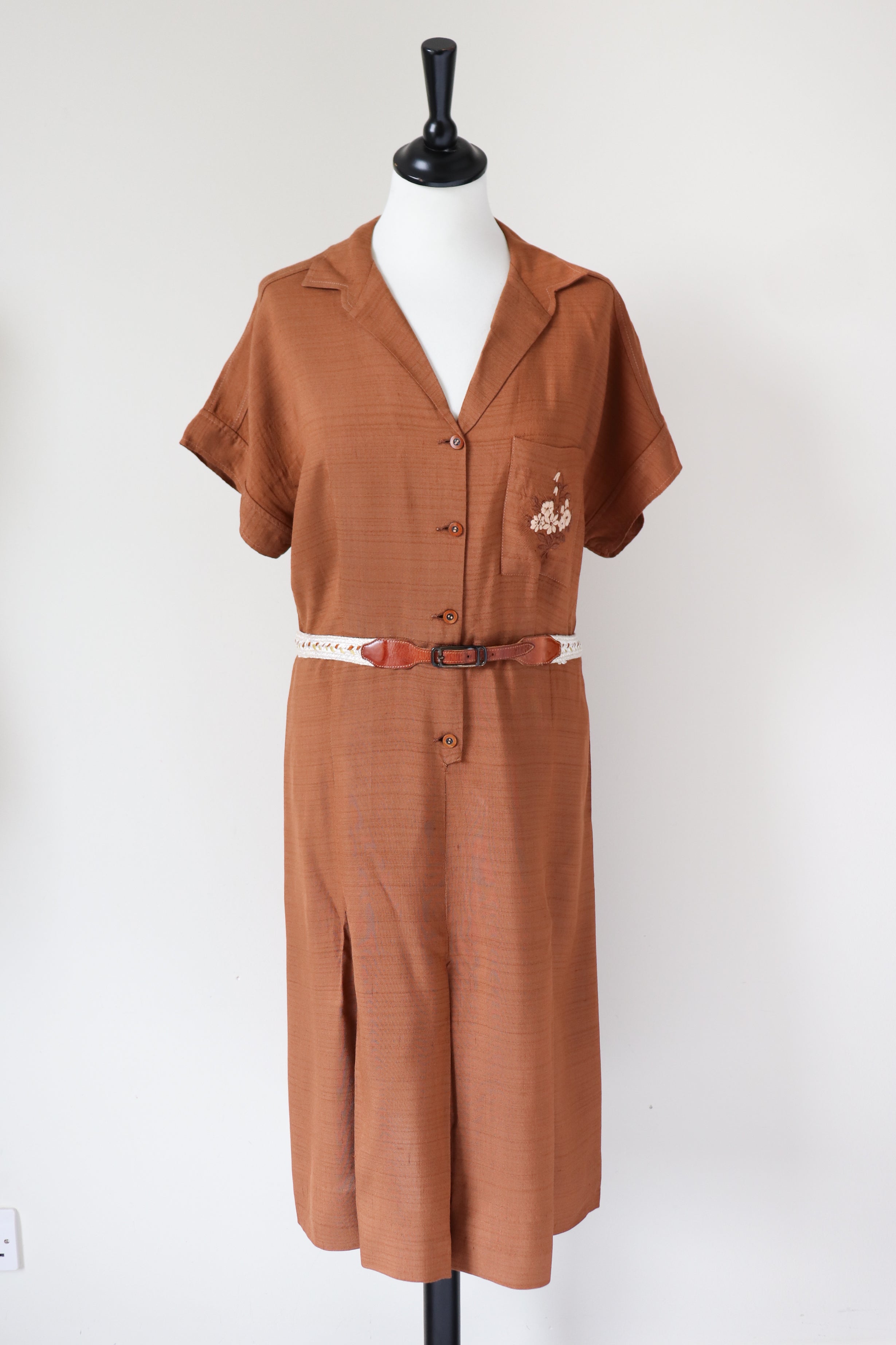 Vintage 1950s / 1970s Day Dress - Shirt Waister - Brown - M / UK 12