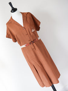 Vintage 1950s / 1970s Day Dress - Shirt Waister - Brown - M / UK 12