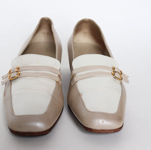 Vintage Heel Loafers - Beige / White  Leather - Fit Wide 37.5 /  38