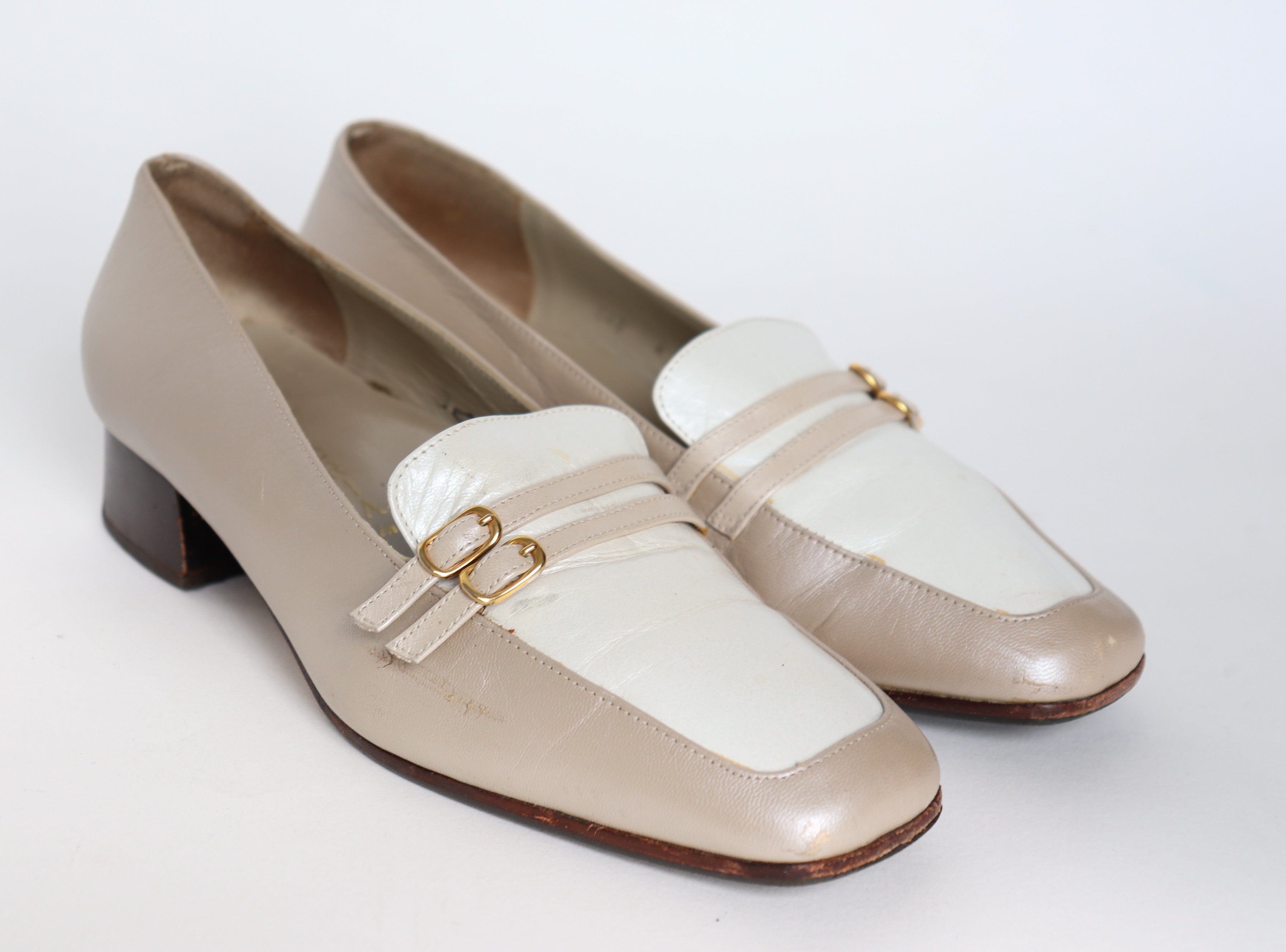 Vintage Heel Loafers - Beige / White  Leather - Fit Wide 37.5 /  38