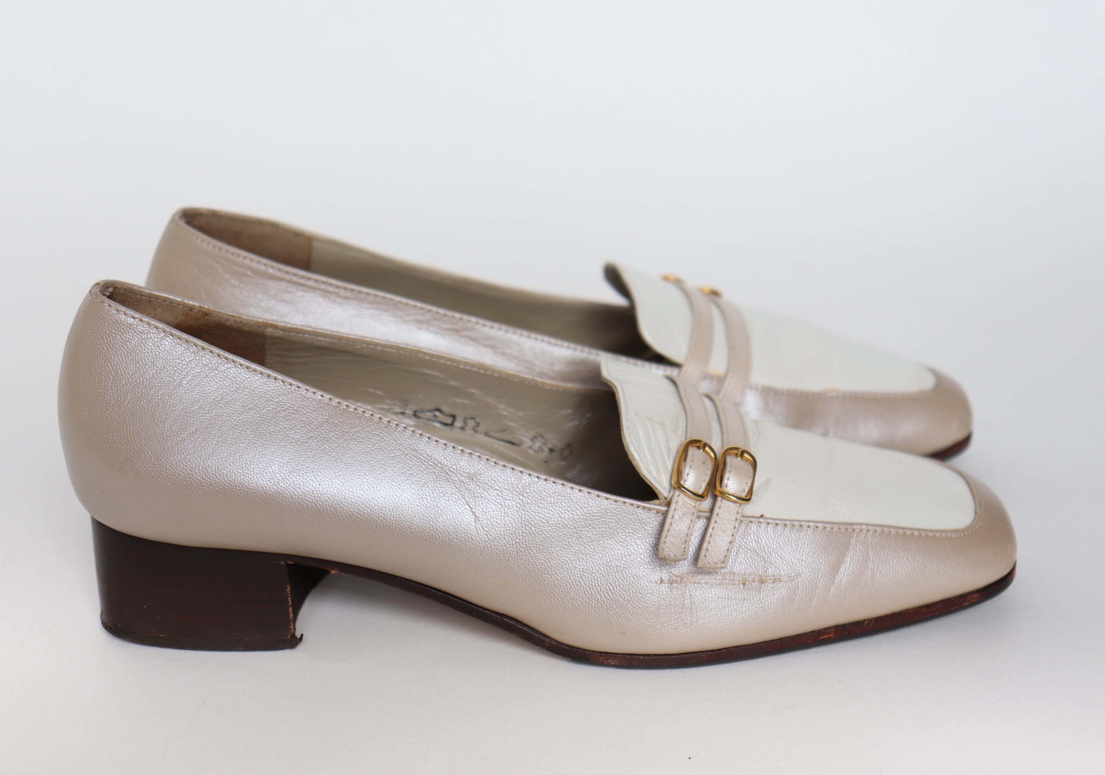 Vintage Heel Loafers - Beige / White  Leather - Fit Wide 37.5 /  38