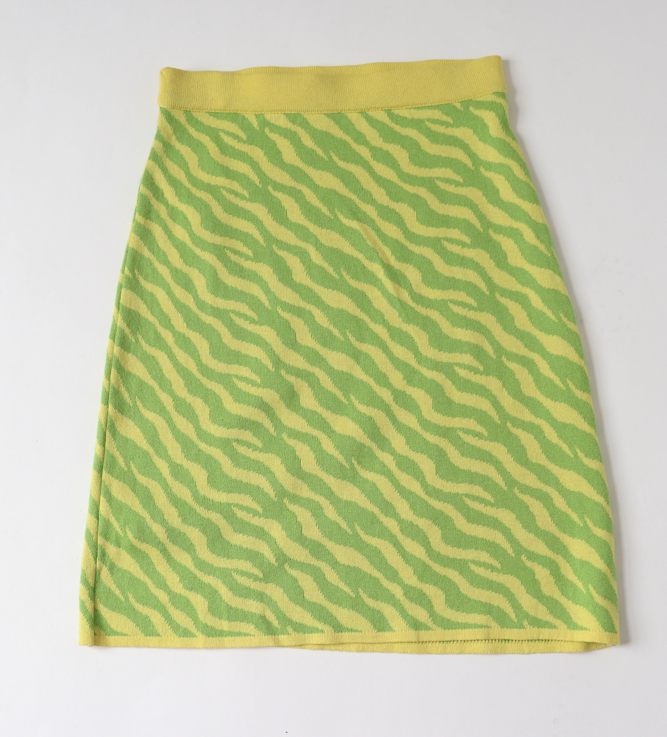 Knitted Vintage Skirt - 1980s Punk Style - Yellow / Green Animal Print - Monari - S / UK 10
