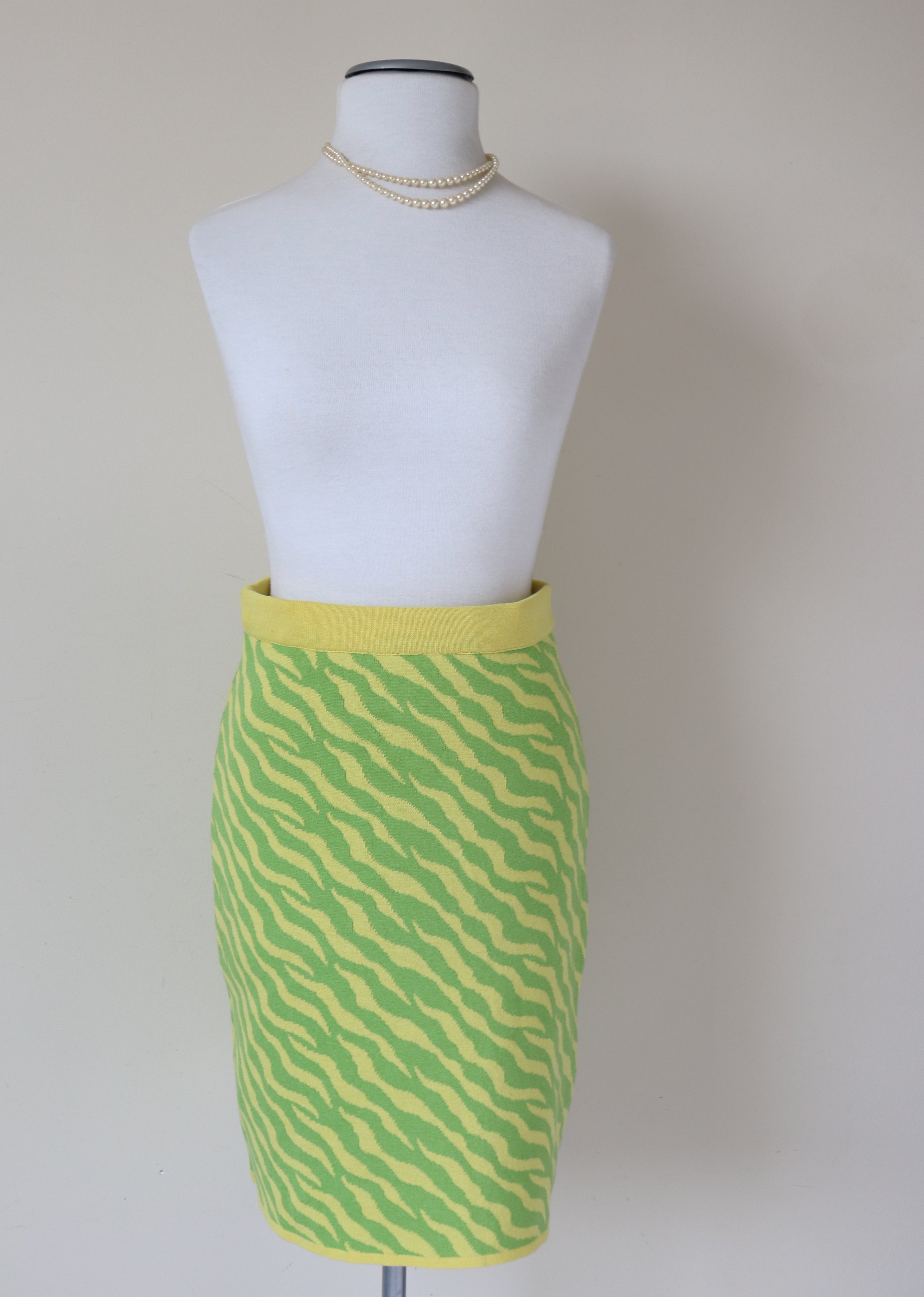 Knitted Vintage Skirt - 1980s Punk Style - Yellow / Green Animal Print - Monari - S / UK 10