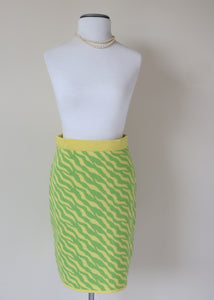 Knitted Vintage Skirt - 1980s Punk Style - Yellow / Green Animal Print - Monari - S / UK 10
