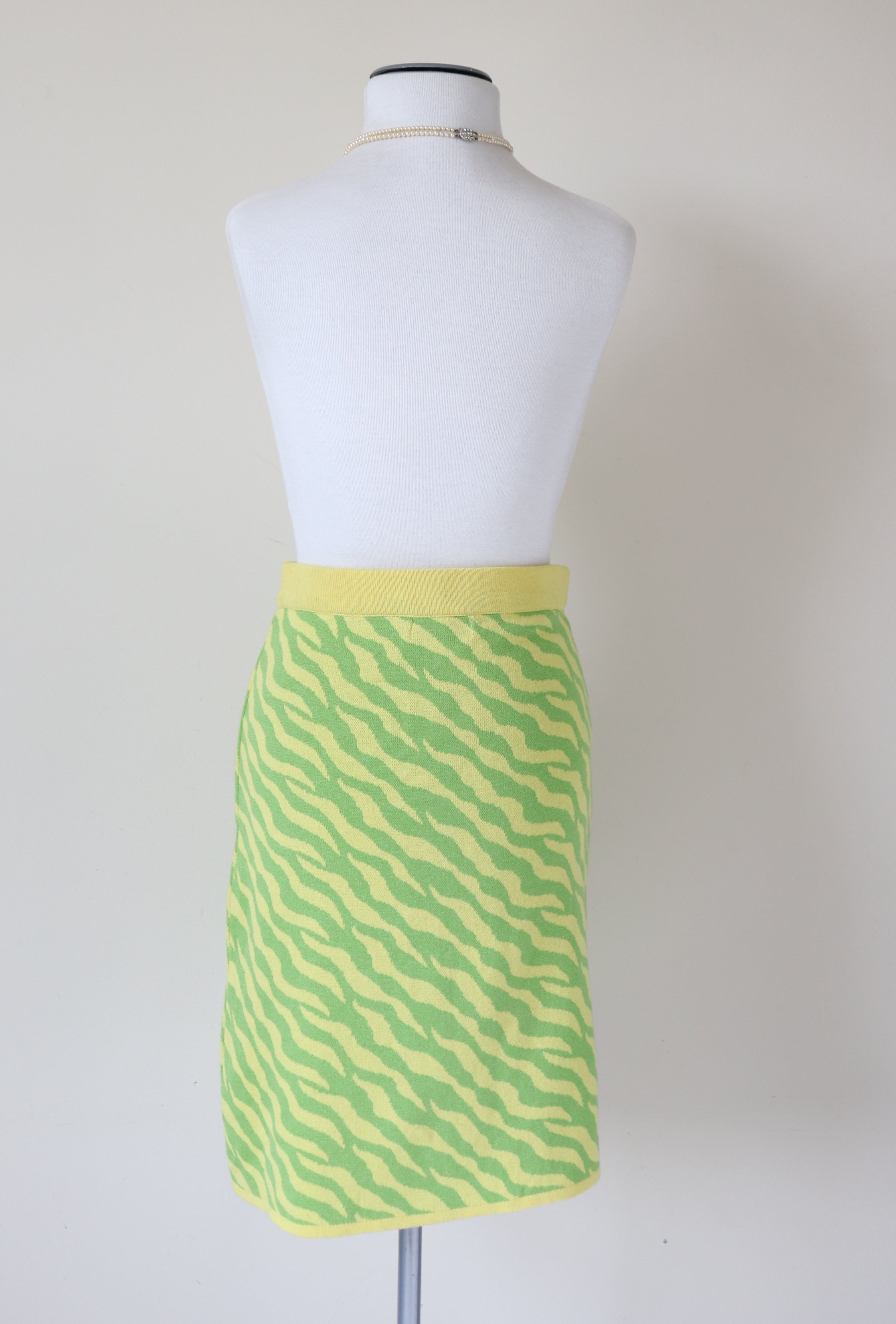 Knitted Vintage Skirt - 1980s Punk Style - Yellow / Green Animal Print - Monari - S / UK 10