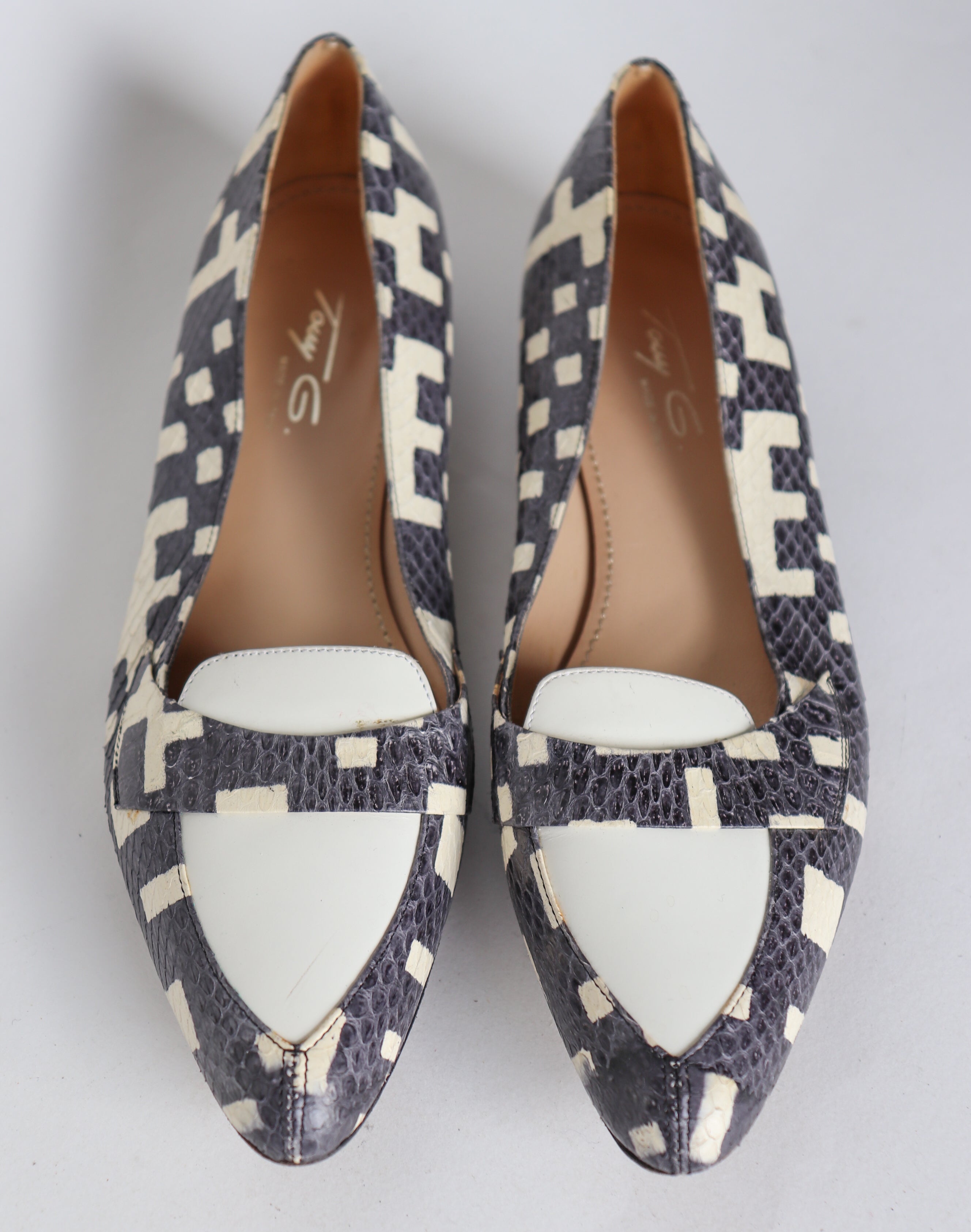 Tony G Flat Pointed Loafers - Grey / White / Cream Leather - 37.5 / UK 4.5