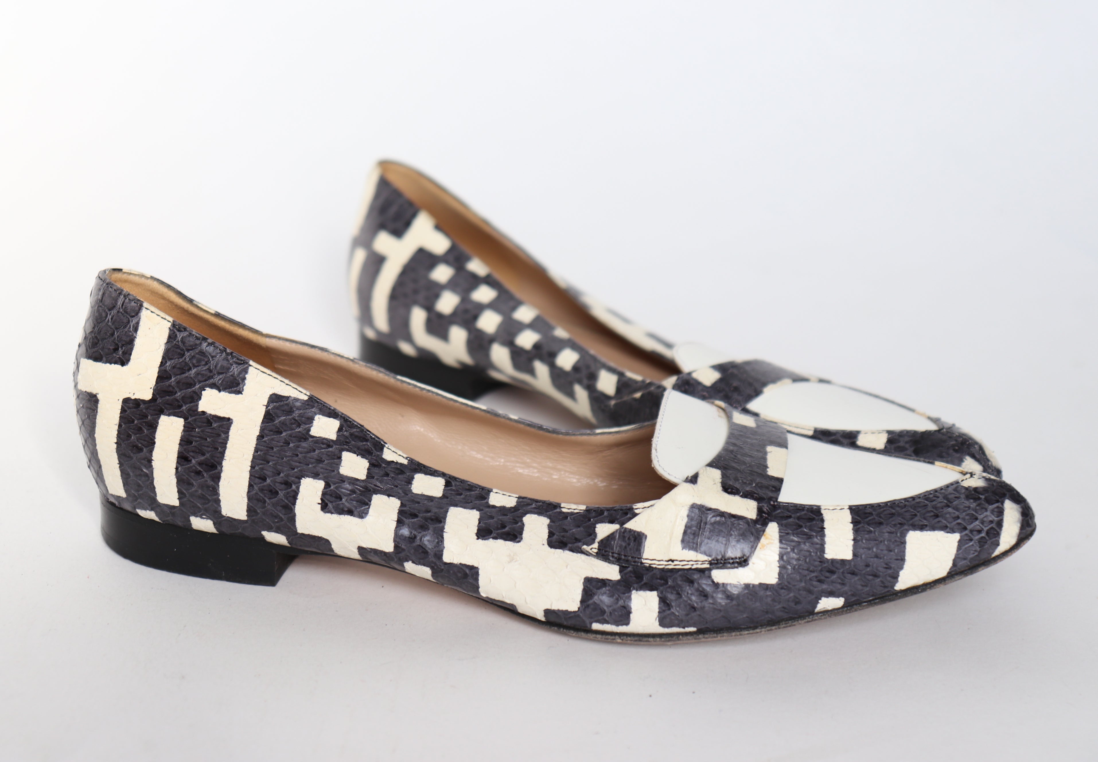 Tony G Flat Pointed Loafers - Grey / White / Cream Leather - 37.5 / UK 4.5