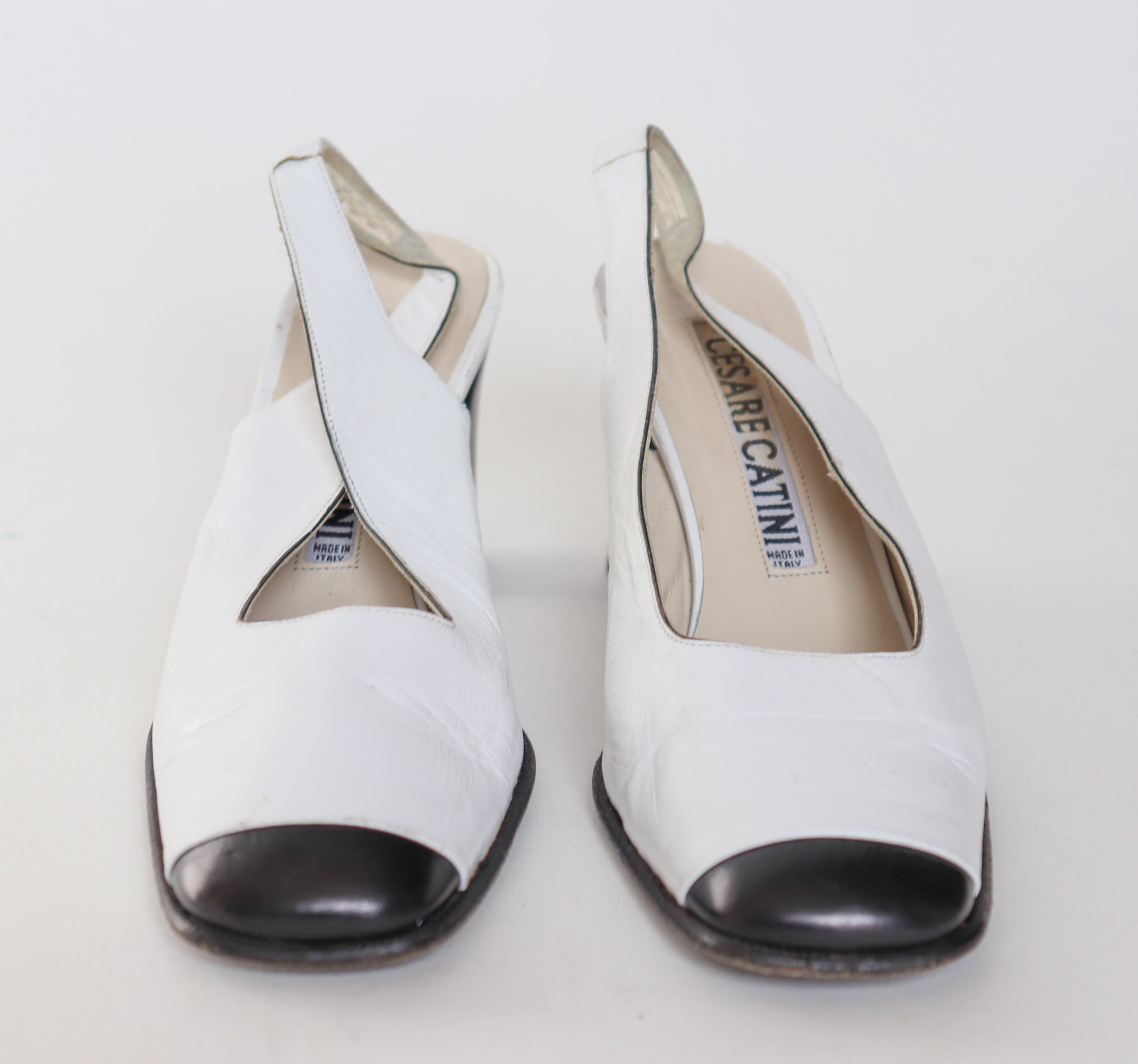 Cesare Catini Cap Toe Vintage Slingback Shoes - White / Black Leather Fit 37 / UK 4