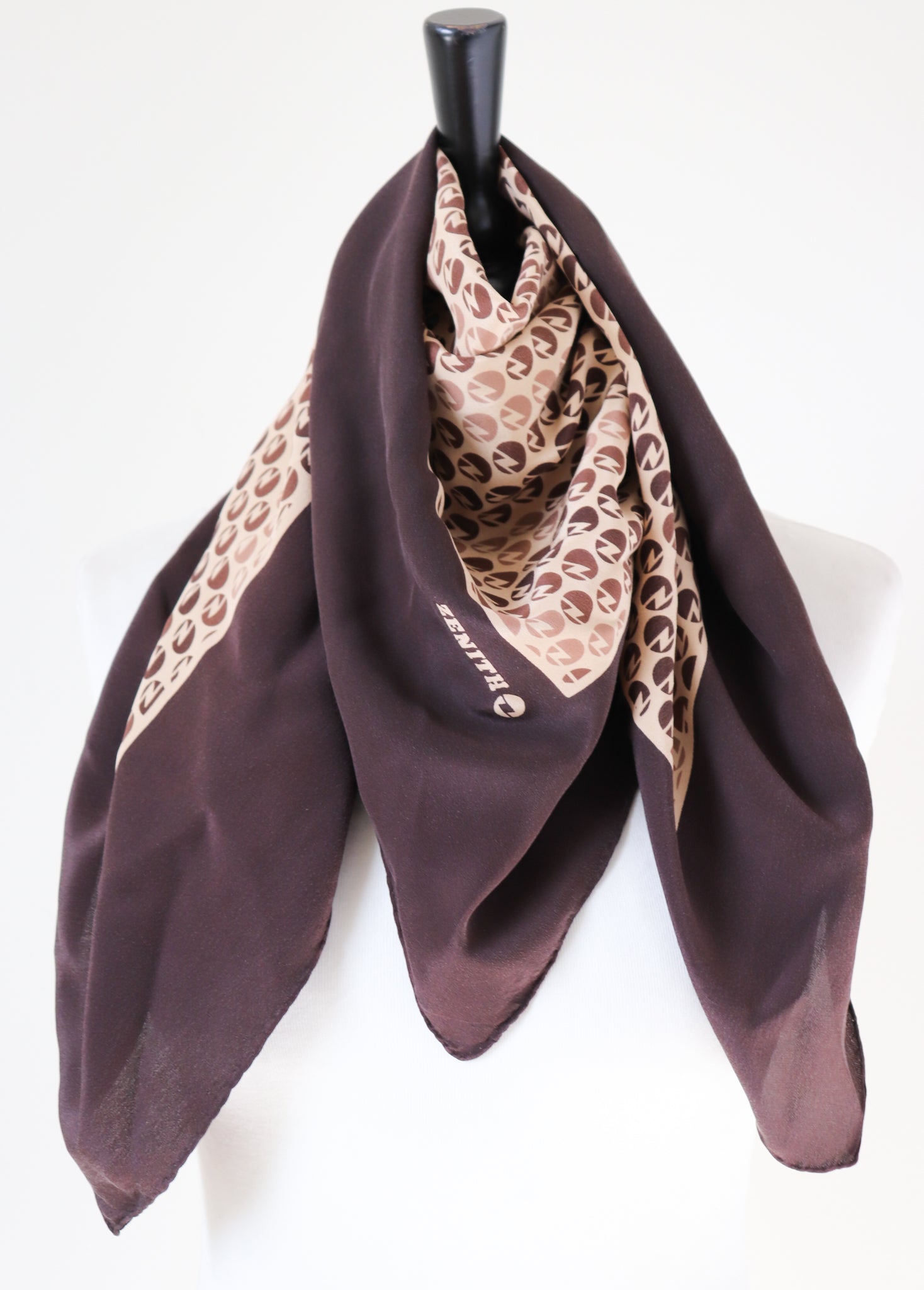 ZENITH Vintage Silk Scarf - 1980s Geometric Logo Print - Brown - LARGE